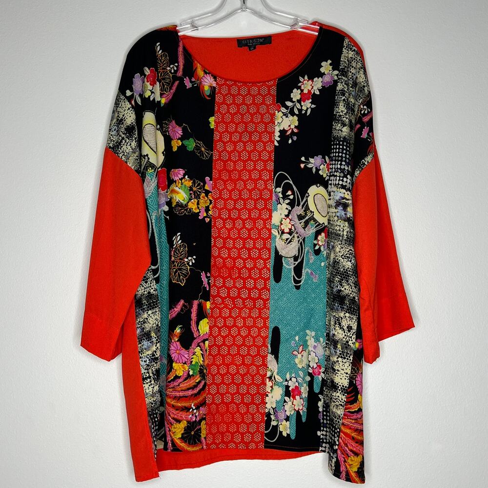 Citron Santa Monica Orange Asian Floral Japanese Lantern Print Boxy Blouse 2X